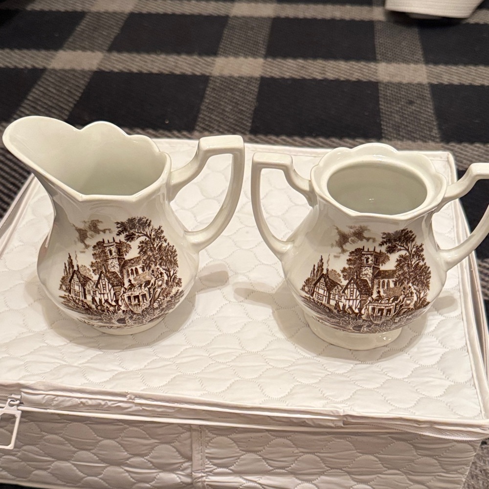 Royal Staffordshire STRATFORD STAGE Cream and Sugar Set Brown Transferware